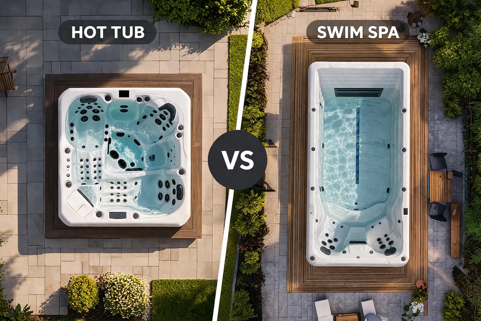Swim spa vs hot tub comparison in Ontario backyard