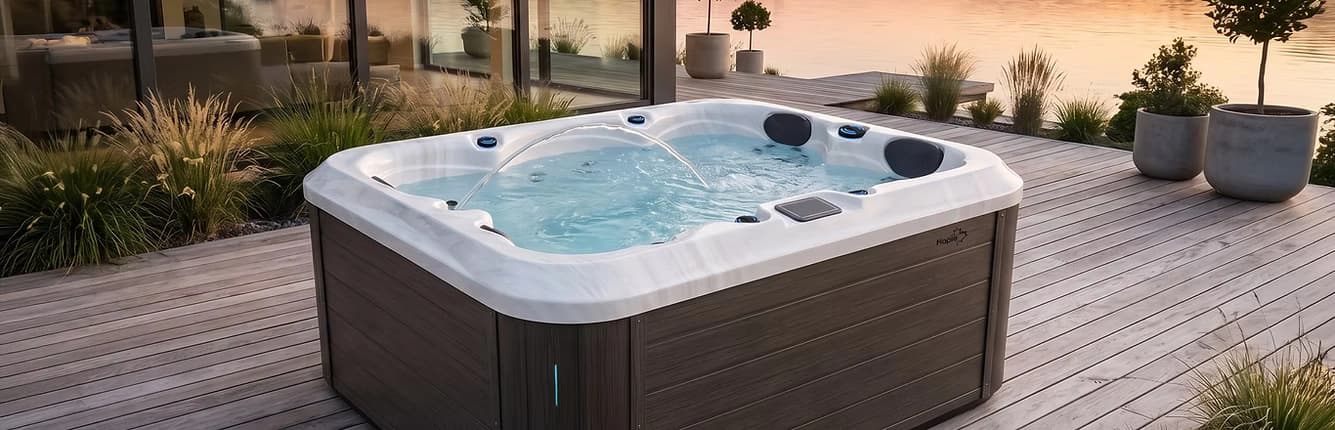 Maple Spas Collection hot tub on a lakeside deck at sunset