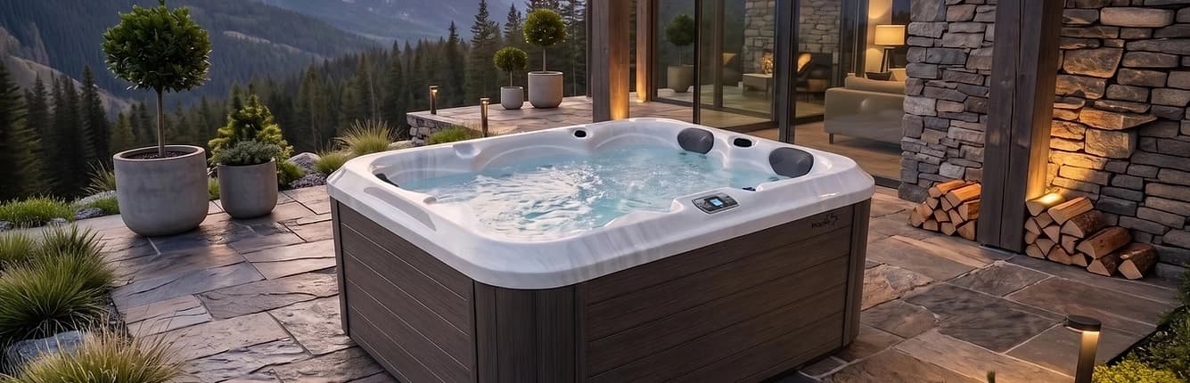 Maple Plug & Play spa on a stone patio with mountain backdrop