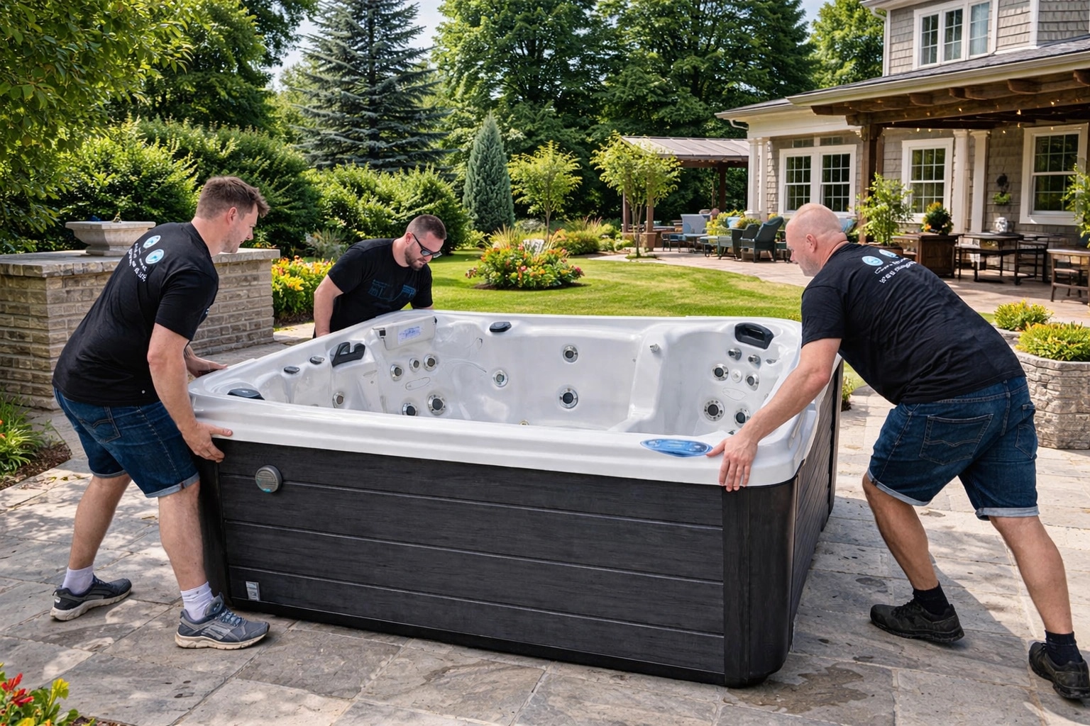 Hot tub being delivered to Hamilton Ontario home on flatbed trailer