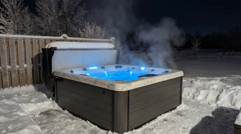Hot tub covered with snow in Ontario winter backyard