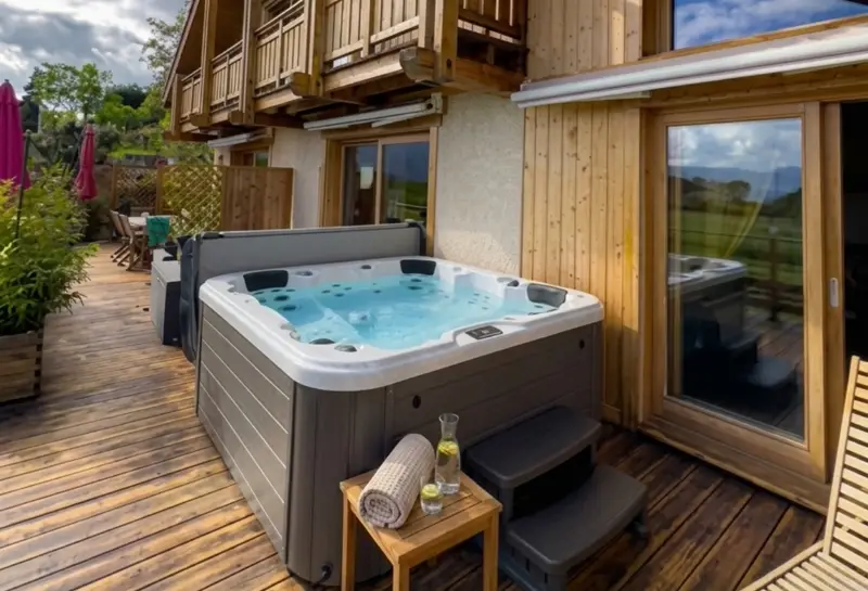 Be Well Canada spa installed on a chalet deck with countryside view