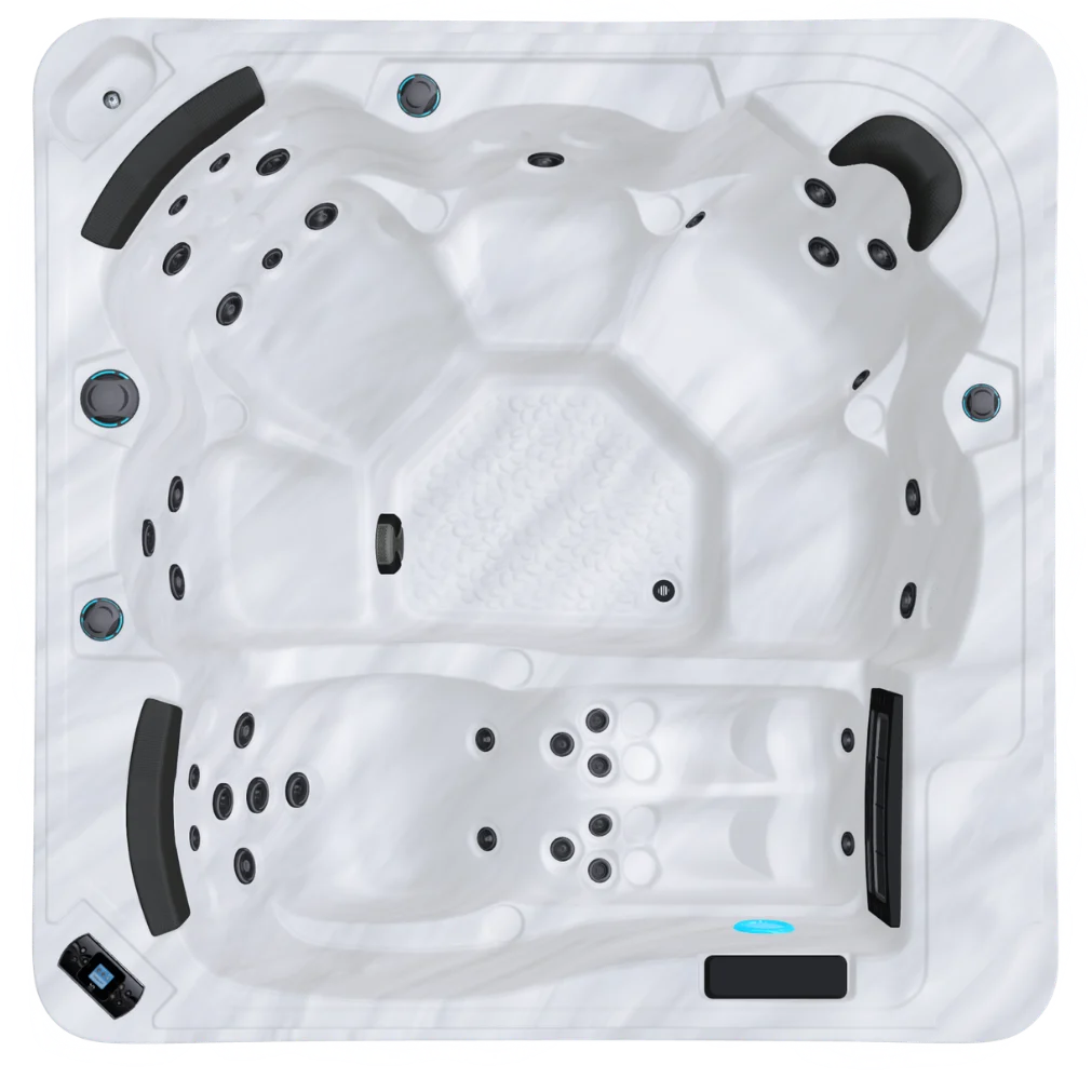 Top-down view of the Be Well Canada U908 showing five seats, one lounger, the footwell and the keypad