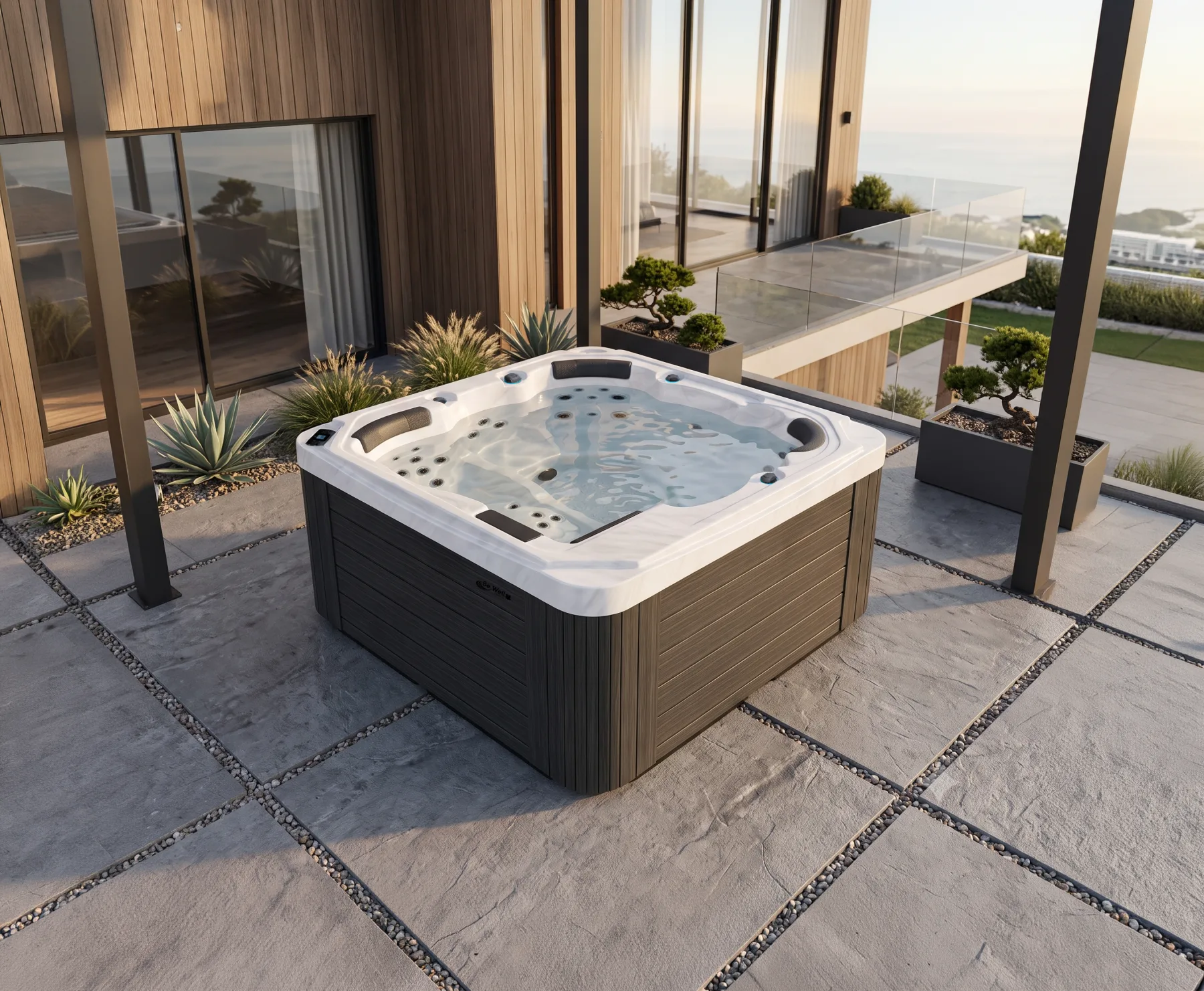 Be Well Canada U908 hot tub on a stone terrace beside a modern house