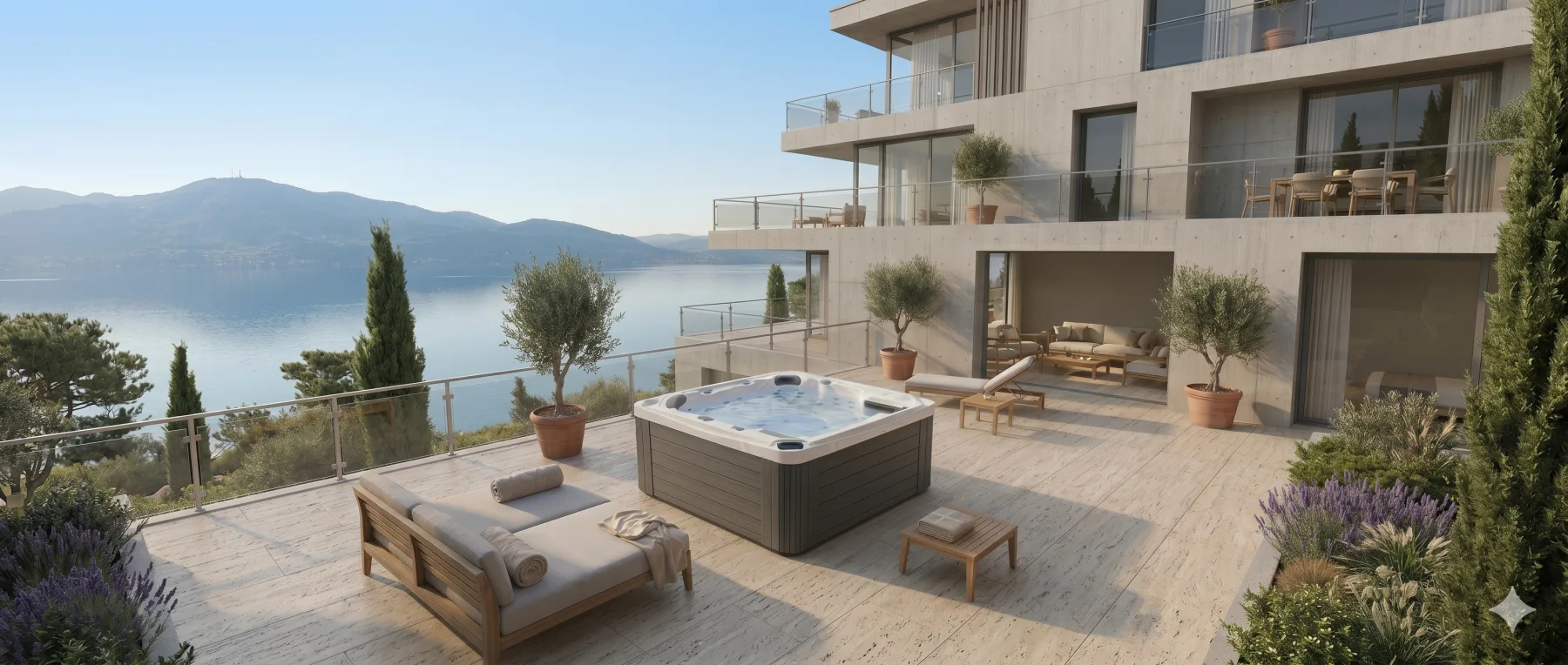 A Be Well Canada Uniq Series hot tub on a wooden terrace overlooking a lake